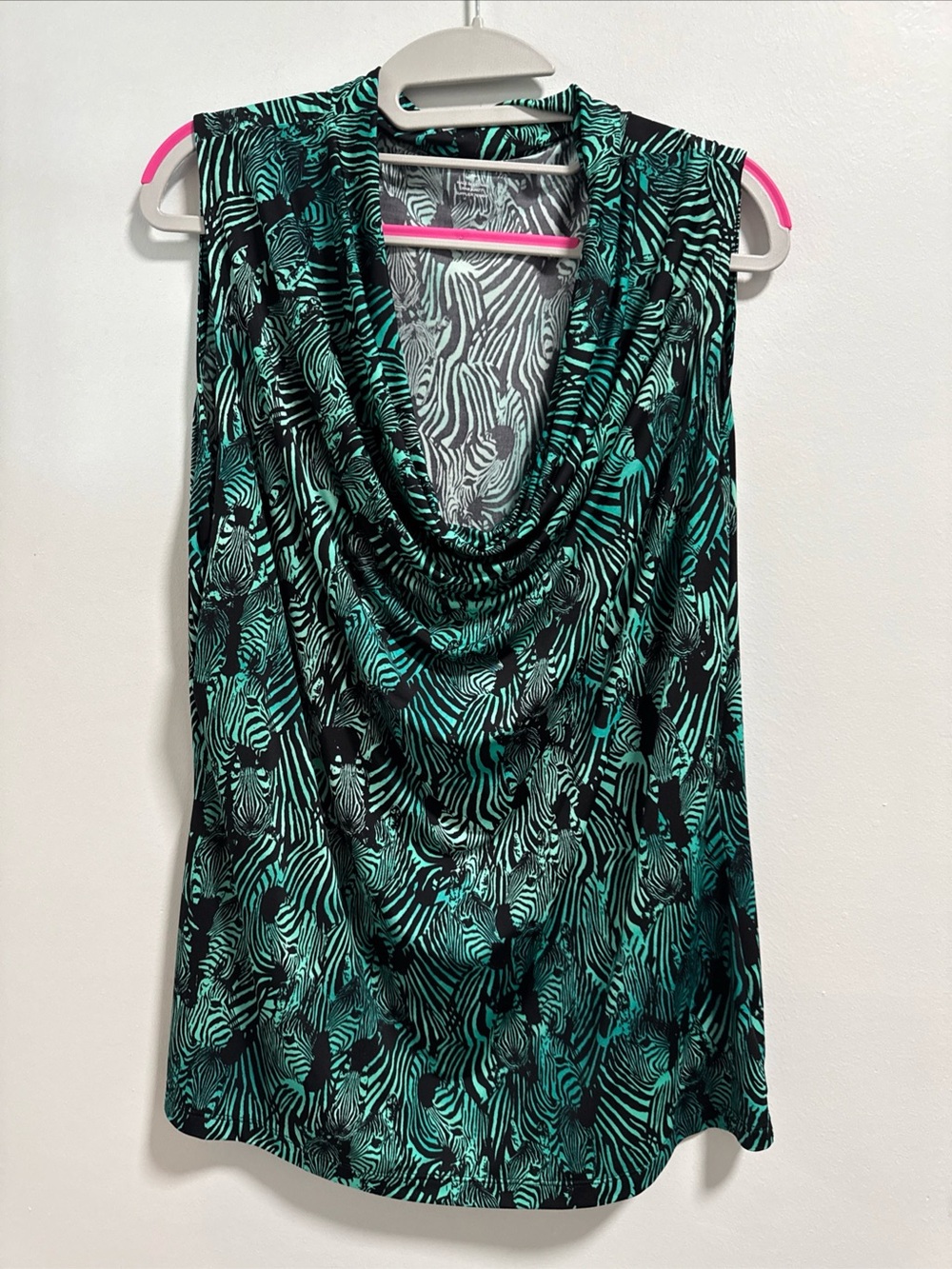 Worthington Sleeveless Cowl Neck Top in Green and Black Zebra Print